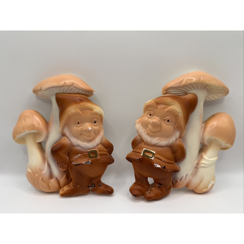 Gnome by Mushrooms Chalkware Wall Plaque by Miller Studios 1970 Vintage Lot Of 2